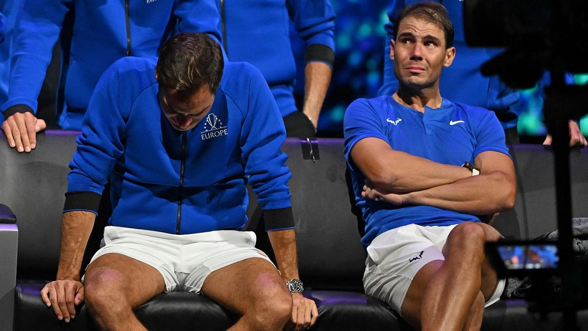 Nadal was also seen getting emotional and shedding tears for his arch-rival Federer at his farewell. Credit: AFP Photo