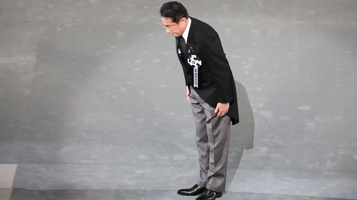 Japan Prime Minister Fumio Kishida bows during the state funeral of Japan's former prime minister Shinzo Abe at Budokan in Tokyo. Credit: Reuters Photo