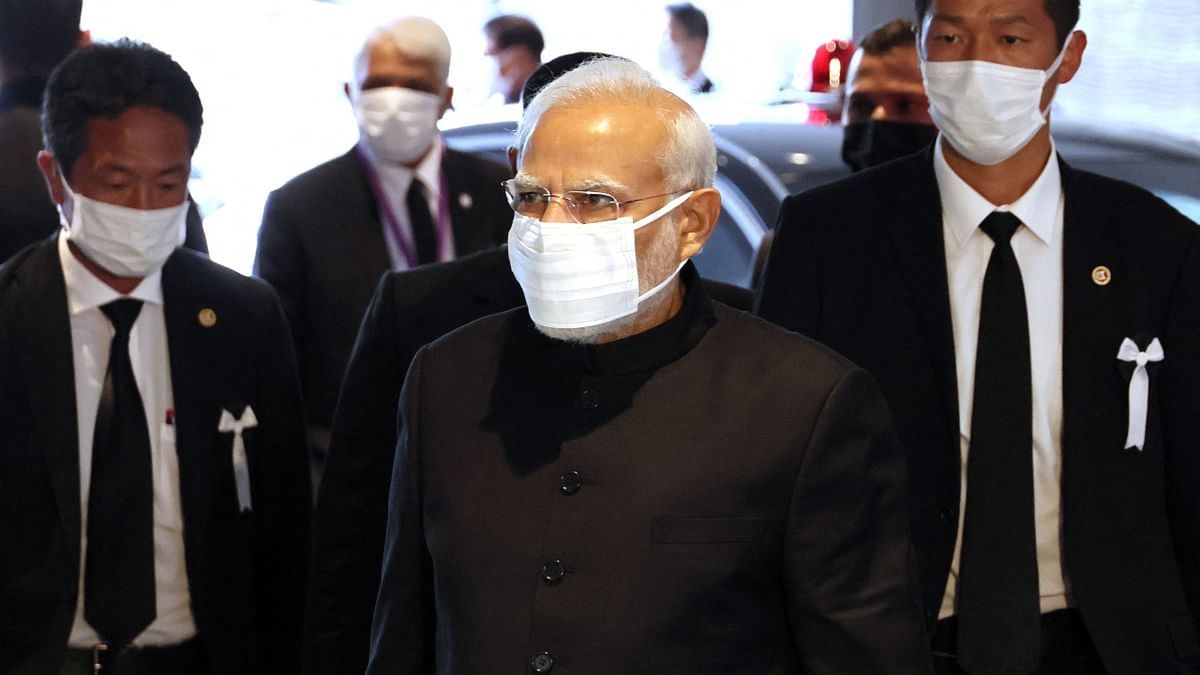 Prime Minister Narendra Modi at the state funeral of Japan's former prime minister Shinzo Abe at Nippon Budokan Hall in Tokyo. Credit: AFP Photo