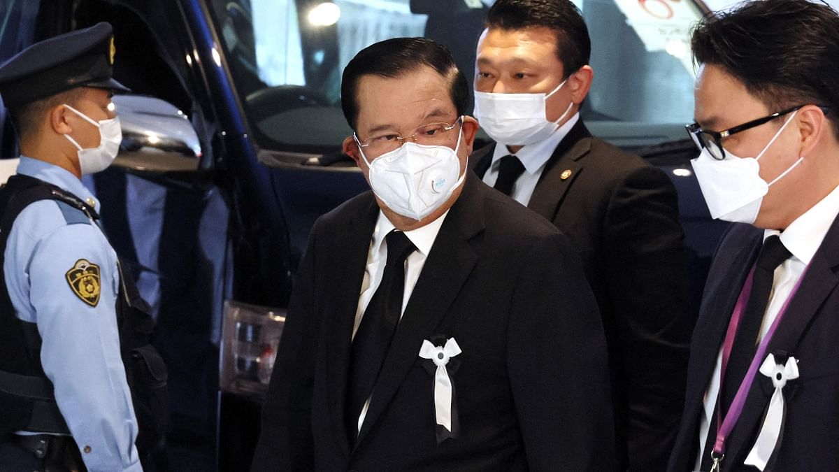 Cambodia's Prime Minister Hun Sen at the state funeral of Japan's former prime minister Shinzo Abe at Nippon Budokan in Tokyo. Credit: AFP Photo