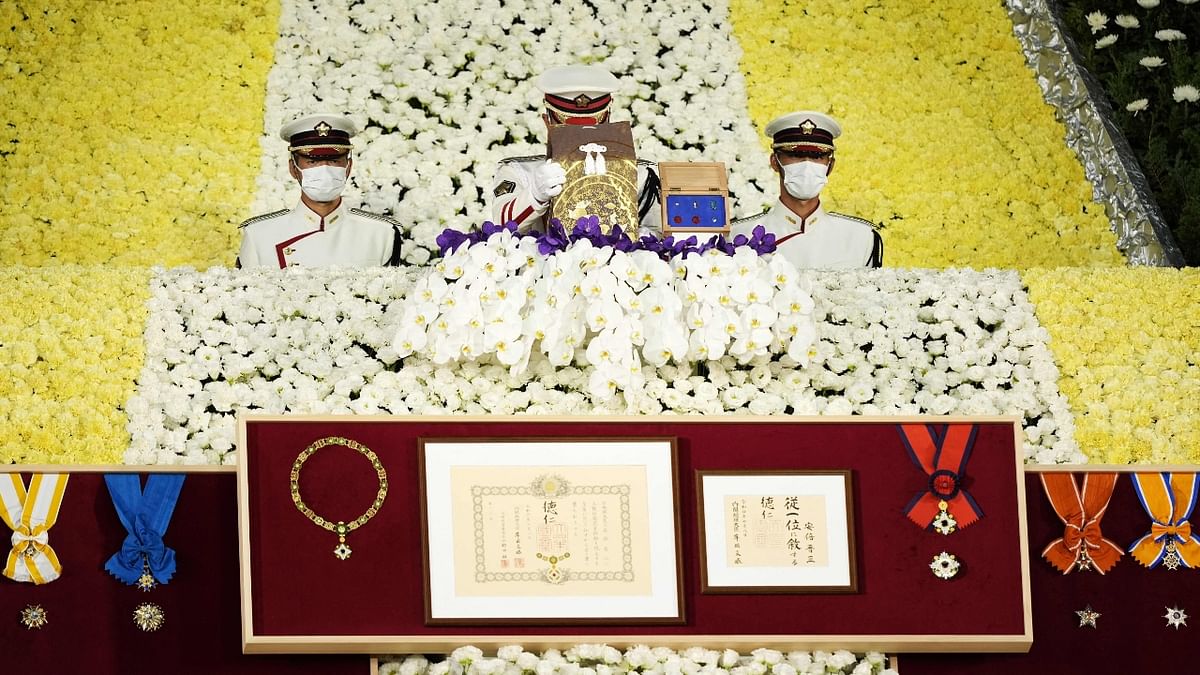 With flowers, prayers and a 19-gun salute, Japan honoured its slain former prime minister Shinzo Abe at the first state funeral for a former premier in 55 years. Credit: AFP Photo