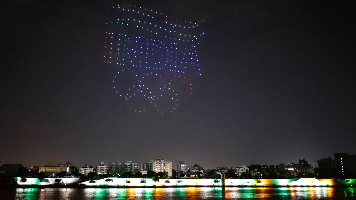Drone show on the eve of the opening ceremony of the 36th National Games, in Ahmedabad. Credit: PTI Photo