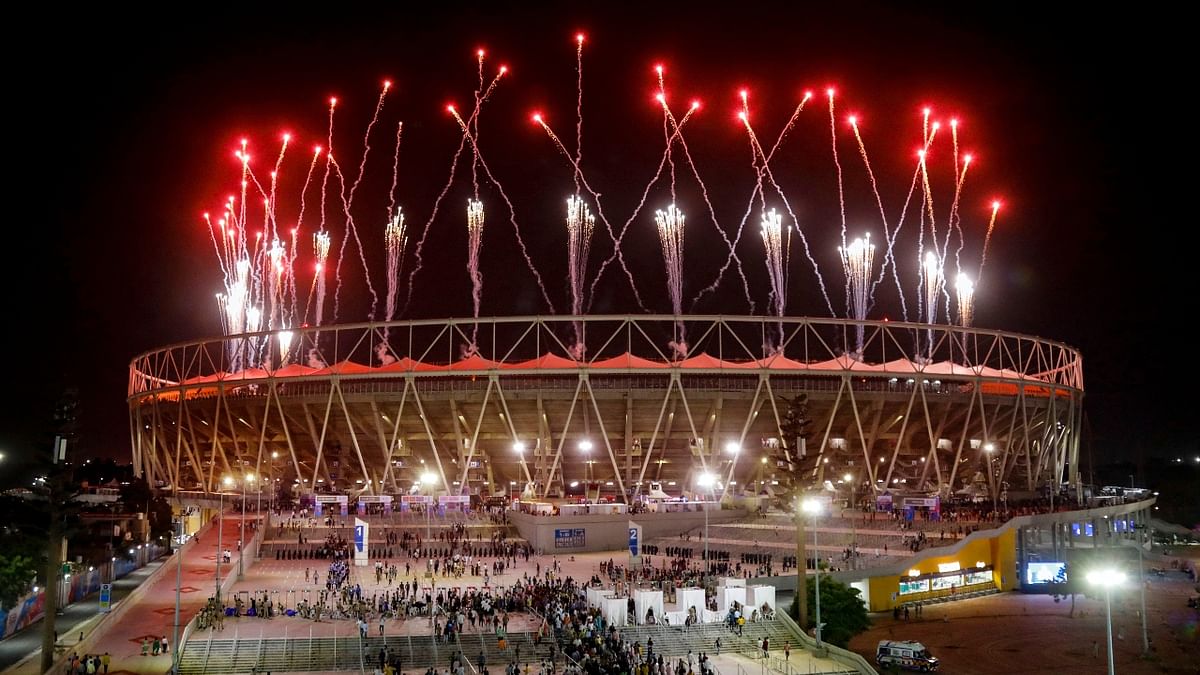 Fireworks over the Narendra Modi Stadium during inauguration of 36th National Games, in Ahmedabad. Credit: PTI Photo
