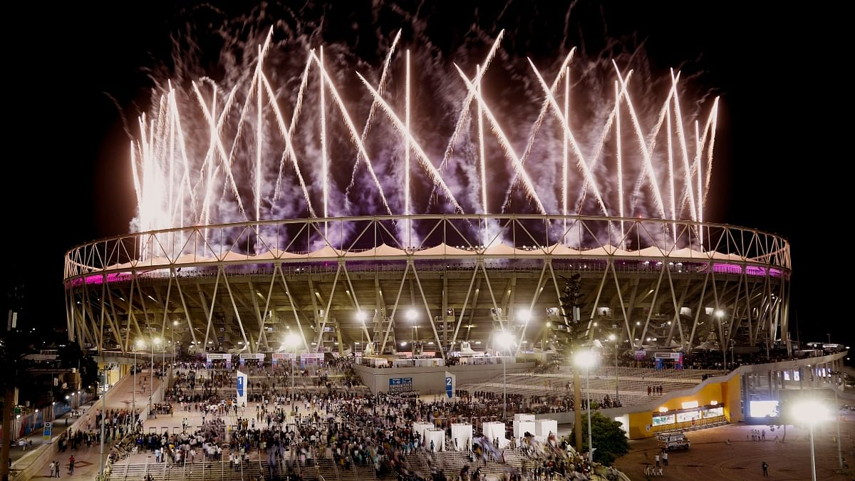 Fireworks over the Narendra Modi Stadium during inauguration of 36th National Games, in Ahmedabad. Credit: PTI Photo