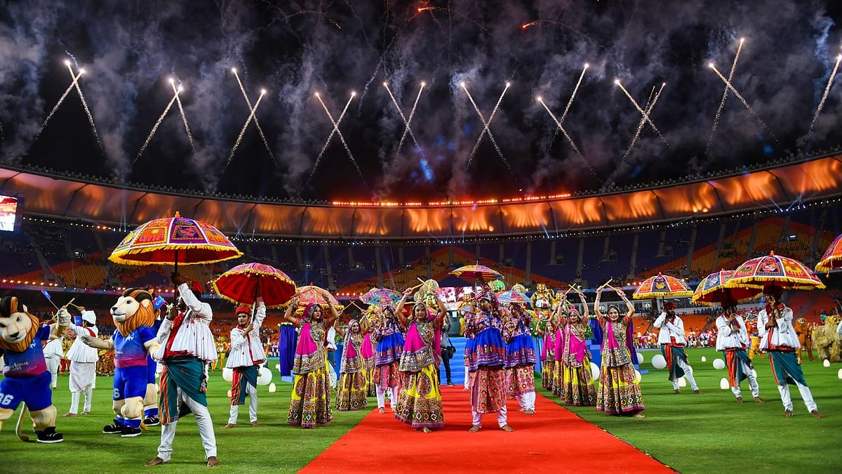 Fireworks over the Narendra Modi Stadium during inauguration of 36th National Games, in Ahmedabad. Credit: Twitter/narendramodi