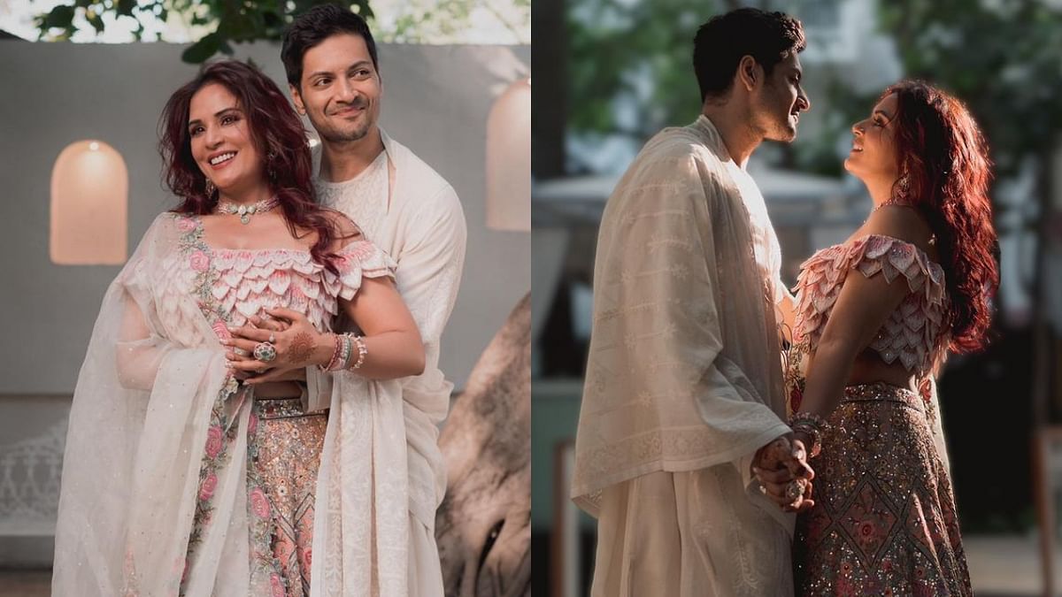 Richa Chadha looks stunning in a customised outfit by Rahul Mishra and Ali Fazal in a angrakha by Abu Jani and Sandeep Khosla during their wedding festivities. Credit: Special Arrangement