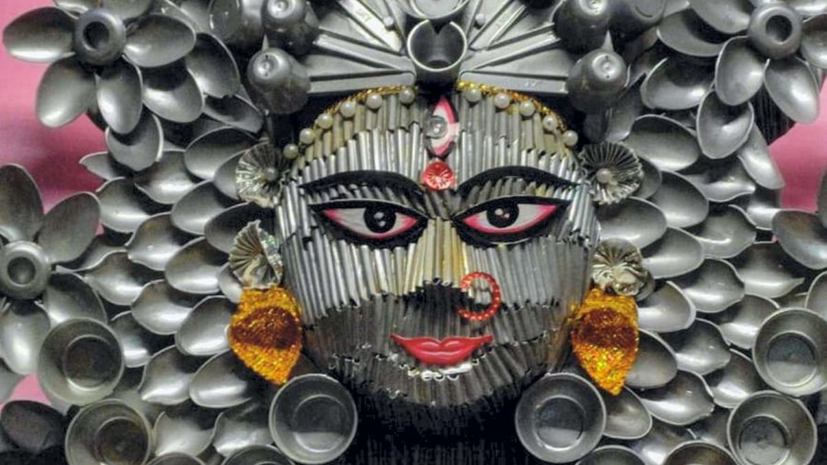UNESCO added the mega-festival on its ‘Representative List of the Intangible Cultural Heritage of Humanity’ in December last year. This photo shows an idol of Goddess Durga, in Assam's Dhubri, made with single-use plastic spoons in order to raise awareness on plastic ban. Credit: PTI Photo
