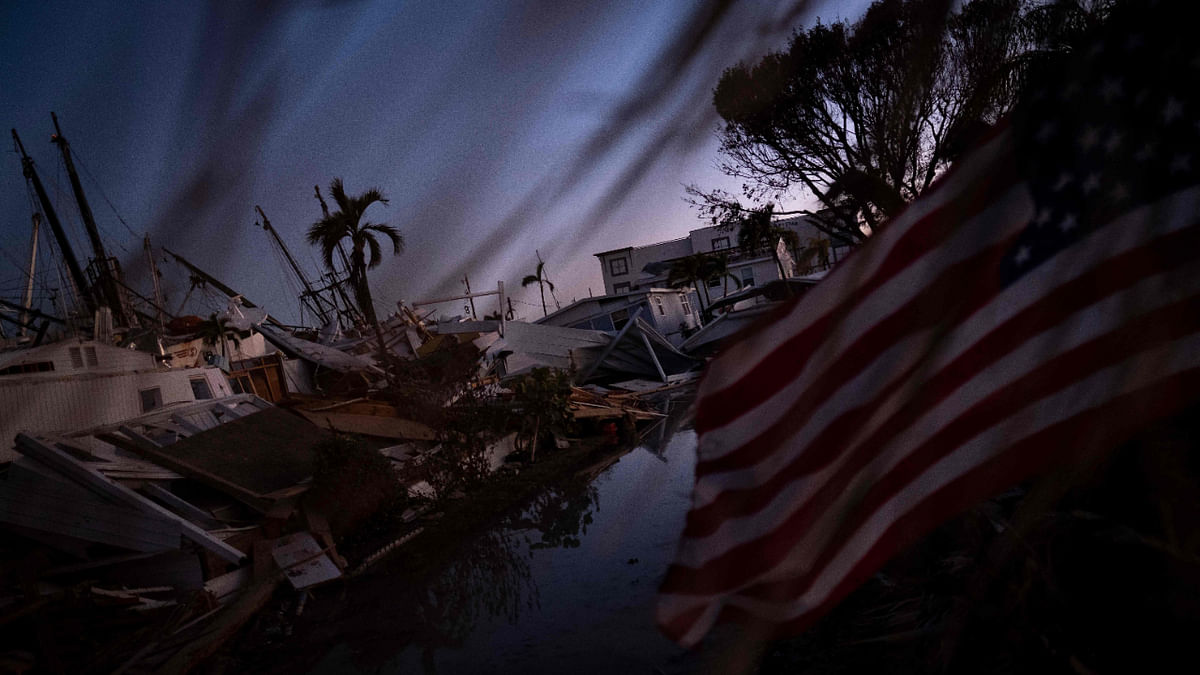 Destroyed trailer homes are seen in the aftermath of Hurricane Ian in Fort Myers Beach, Florida on October 2, 2022. Credit: AFP Photo