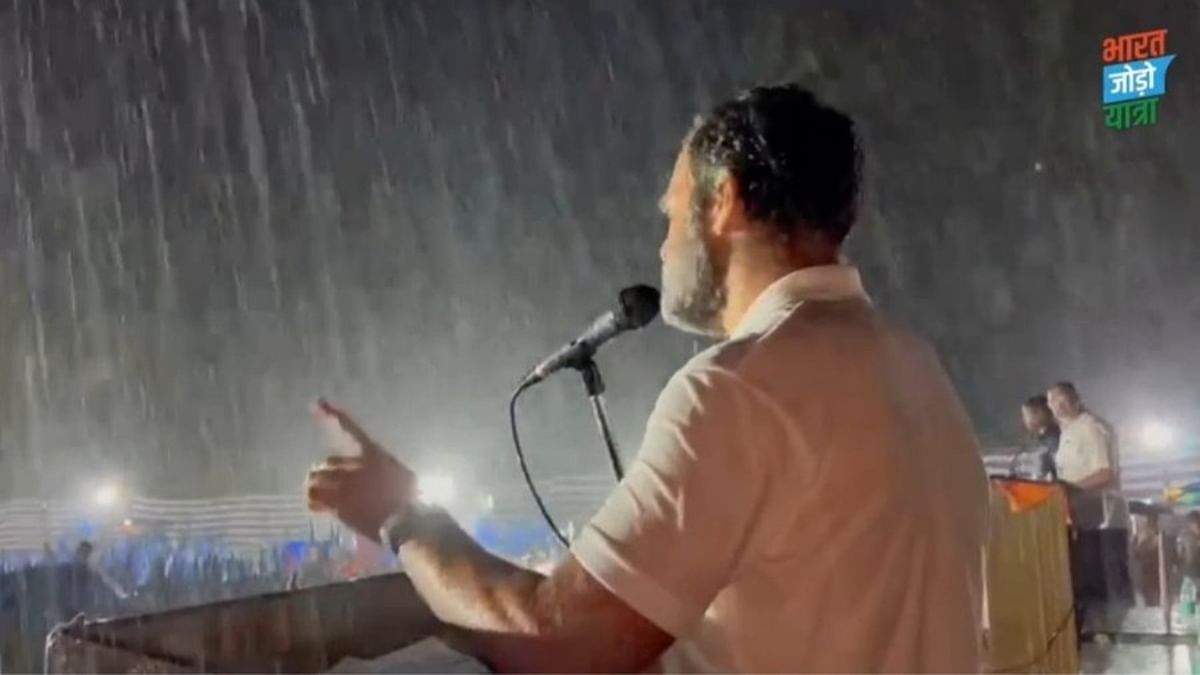 Undeterred by the inclement weather, Congress leader Rahul Gandhi addressed a public meeting in Mysuru on the third day of his Bharat Jodo Yatra in Karnataka. Even as the rain continued to drench everyone, Rahul Gandhi continued to speak to the enthusiastic crowd. Credit: INC