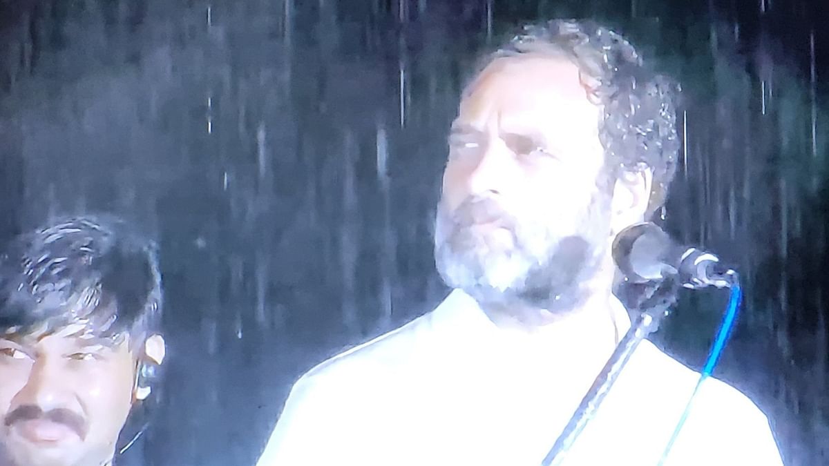 In the visuals, Rahul can be seen addressing a crowd despite being completely drenched. Credit: Special Arrangement