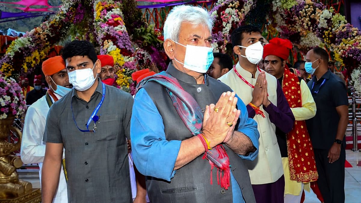 Jammu and Kashmir Lt. Governor Manoj Sinha visited Mata Vaishno Devi and offered a puja on the occasion of 'Maha Ashtami'. Credit: PTI Photo