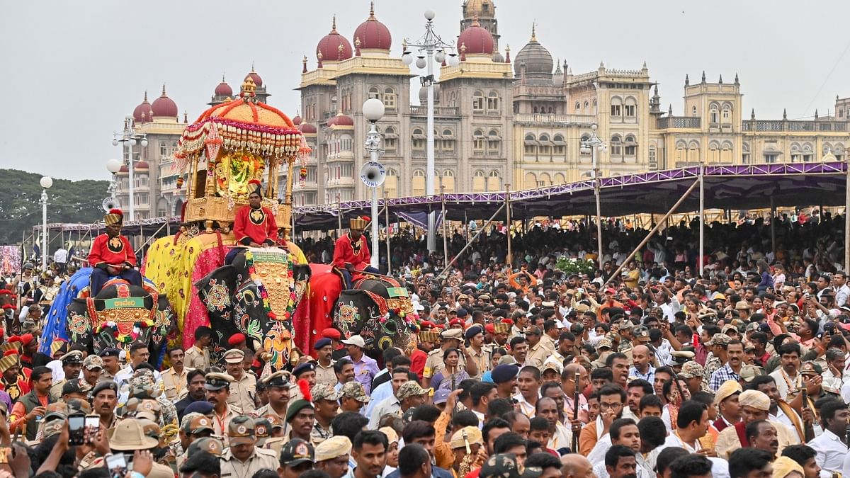The Dasara festivities celebrated on a grand scale in Mysuru came to an end with the iconic 'Jamboo Savari' on the occasion of Vijayadashami on October 05. Credit: DH Photo/Anup Ragh T
