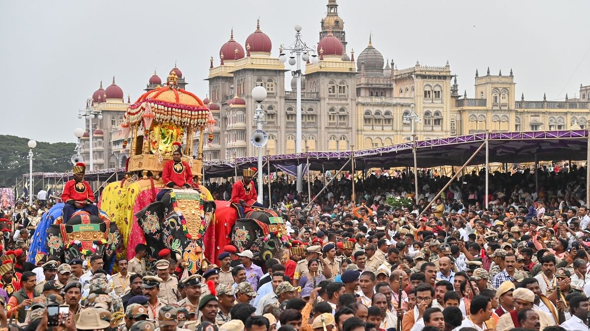 Curtains came down on the 10-day-long renowned Dasara celebrations in Mysuru palace with a spectacular procession marking the grand finale. Credit: DH Photo/Anup Ragh T