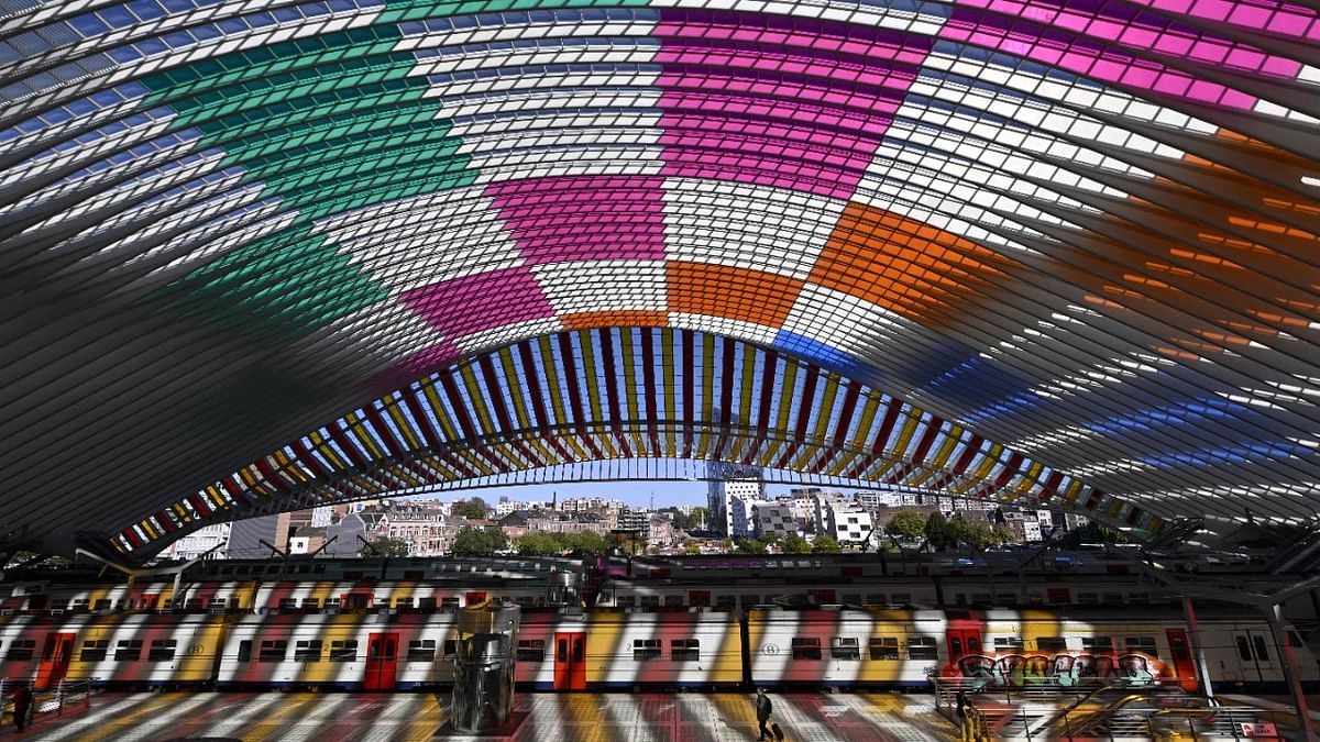 This photograph taken on october 6, 2022 shows the temporary installation of French artist Daniel Buren at the Liege-Guillemins railway station in Liege. Credit: AFP Photo