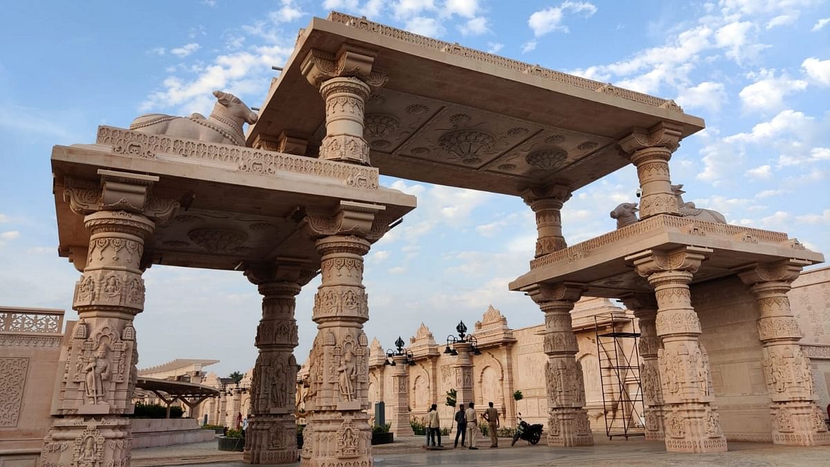 Two grand gateways, a majestic colonnade of 108 ornate pillars made of intricately carved sandstones, gushing fountains and a running panel of over 50 murals depicting stories from Shiv Puran are among the major highlights of the 'Mahakal Lok' in Ujjain that will be inaugurated by PM Modi on October 11. Credit: PTI Photo