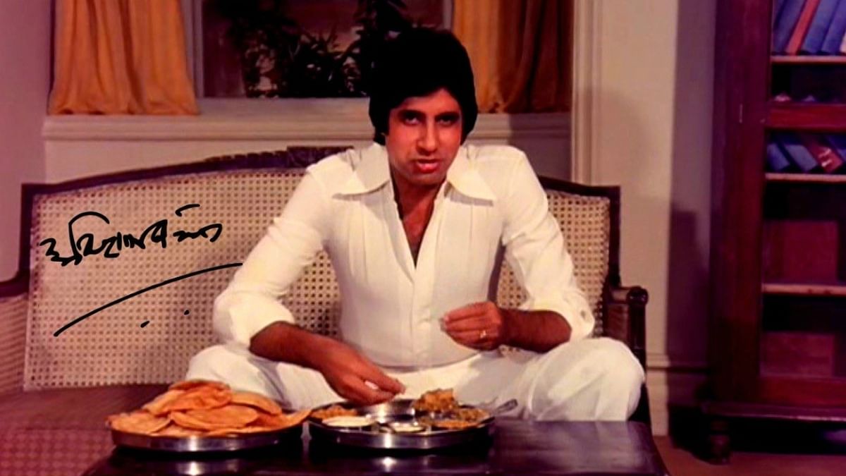 Big B is seen enjoying his food during a lunch break of a movie shoot. Credit: Moses Sapir