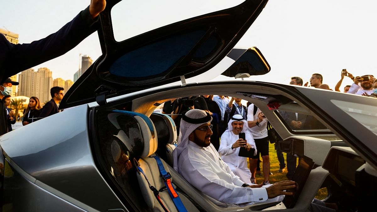 Guests check out the XPeng eVTOL flying car X2 in Dubai. Credit: Reuters Photo
