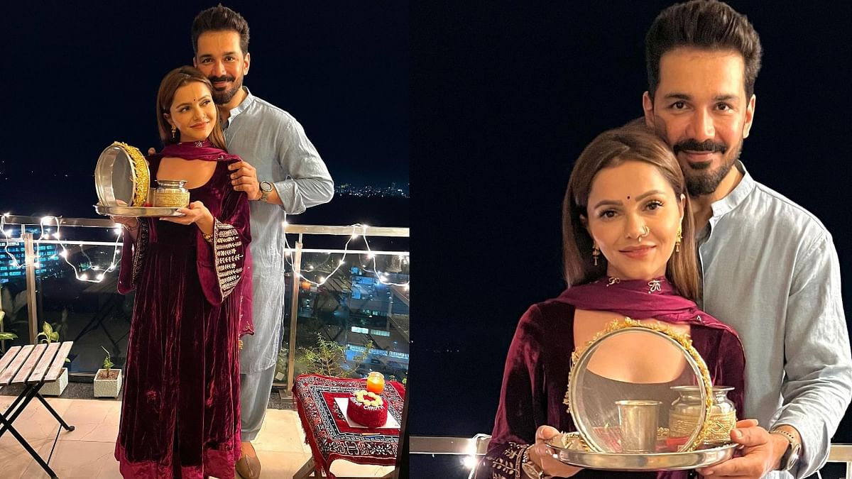 TV actress Rubina Dilaik observed a fast on Karwa Chauth and shared stunning pictures with her husband Abhinav Shukla on social media. Credit: Instagram/rubinadilaik