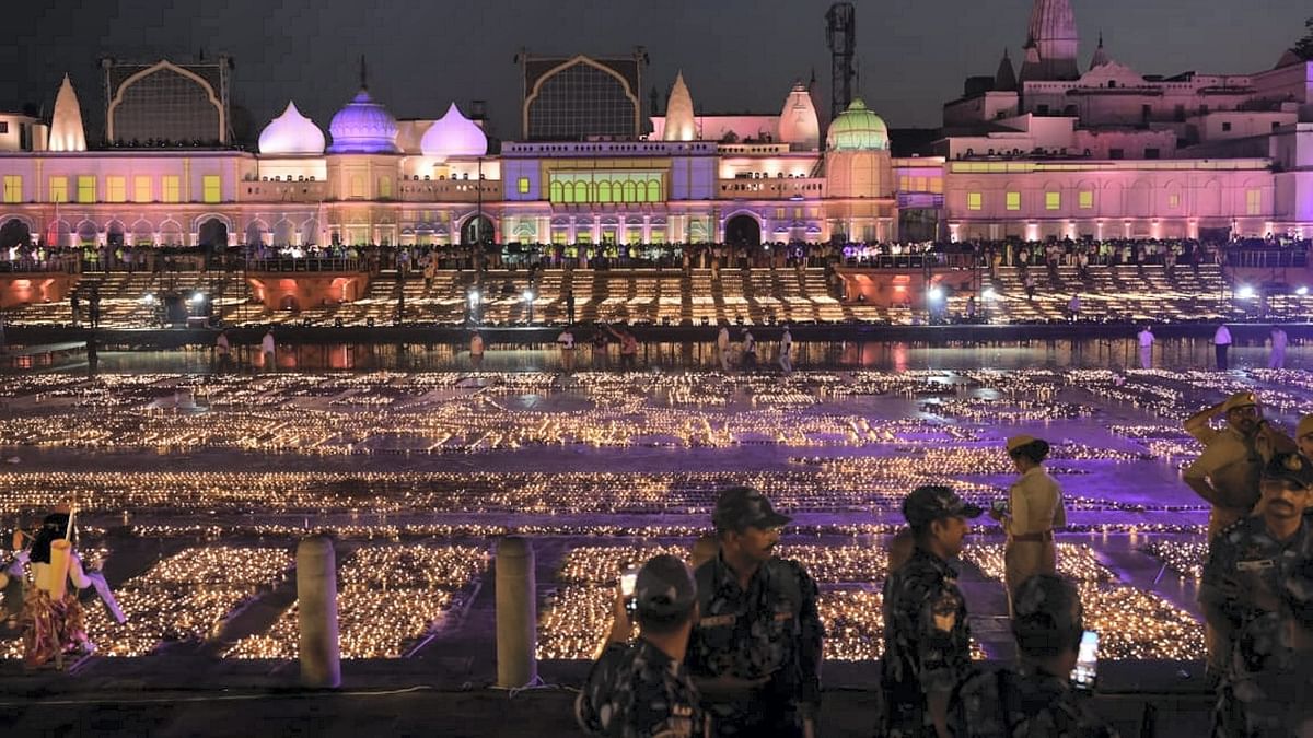 Grand Deepotsav celebrations began in Ayodhya, Uttar Pradesh with earthen lamps being lit up on the bank of the Saryu river as part of Diwali 2022. According to reports, Ayodhya has once again entered the Guinness Book of World Records with a lighting up of more than over 17 lakh diyas. Credit: PTI Photo