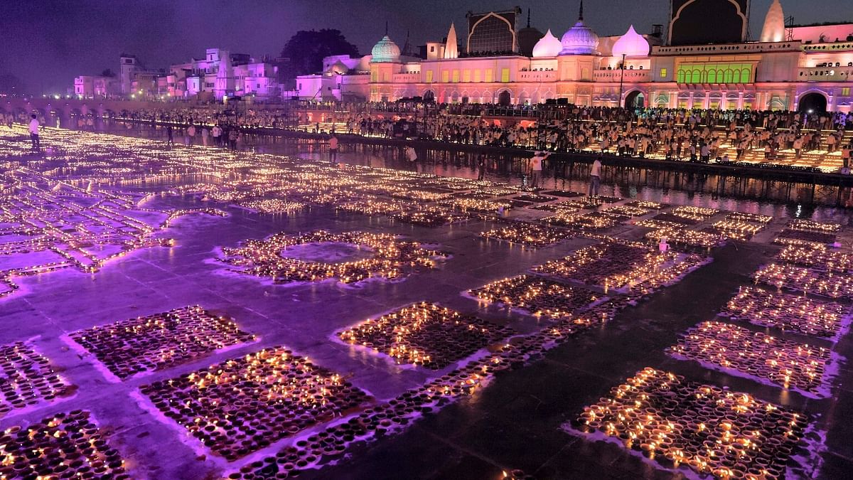 As more than 17 lakh earthen diyas lit up, presenting a mesmerising view on the banks of the Saryu river at Ayodhya, it seemed like heaven on earth. Credit: PTI Photo
