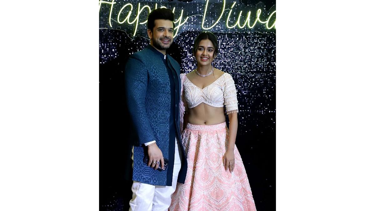 Karan Kundra and Tejasswi Prakash's traditional get-up for the Diwali party is absolutely stunning. Credit: PTI Photo