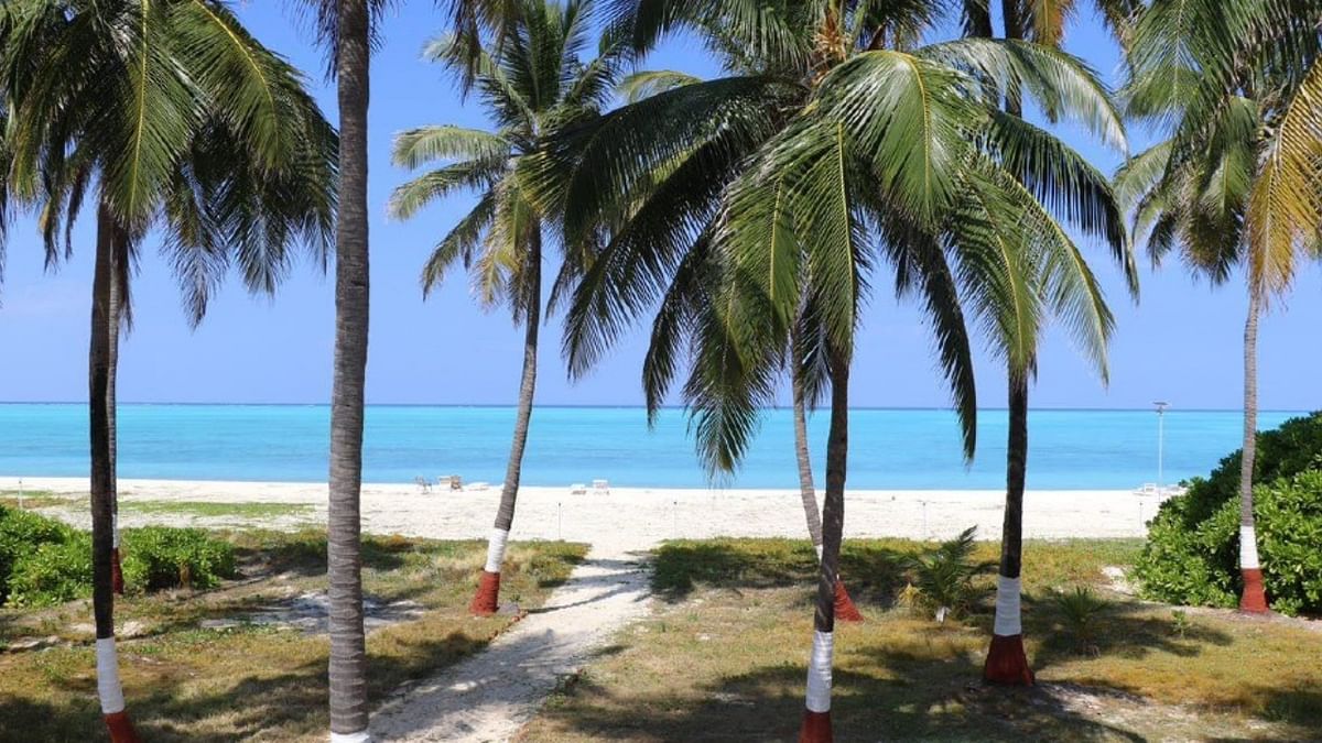 Thundi Beach: One of Lakshadweep archipelago’s most beautiful and unspoiled beaches, Thundi Beach features white sand and turquoise lagoon water. Credit: Twitter/byadavbjp