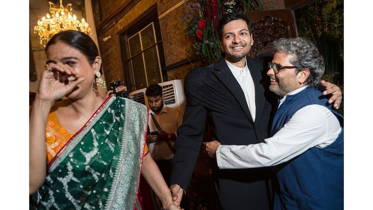 Ali Fazal with Rekha and Vishal Bharadwaj during his wedding reception. Credit: Special Arrangement