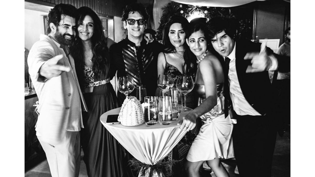 Bollywood stars pose for a photo at Ali Fazal and Richa Chadha's wedding reception. Credit: Special Arrangement