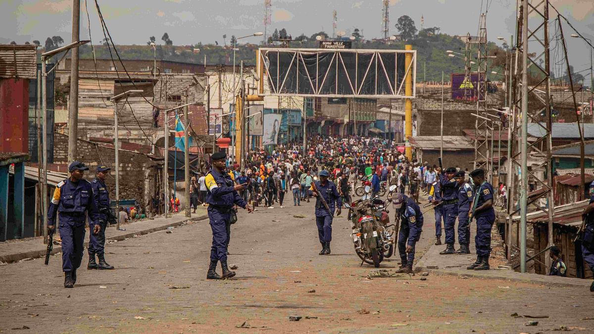 Democratic Republic of Congo Police officers block anti-Rwanda protesters as they arrive near the border of the Democratic Republic of Congo and Rwanda in Goma, on October 31, 2022. Credit: AFP Photo