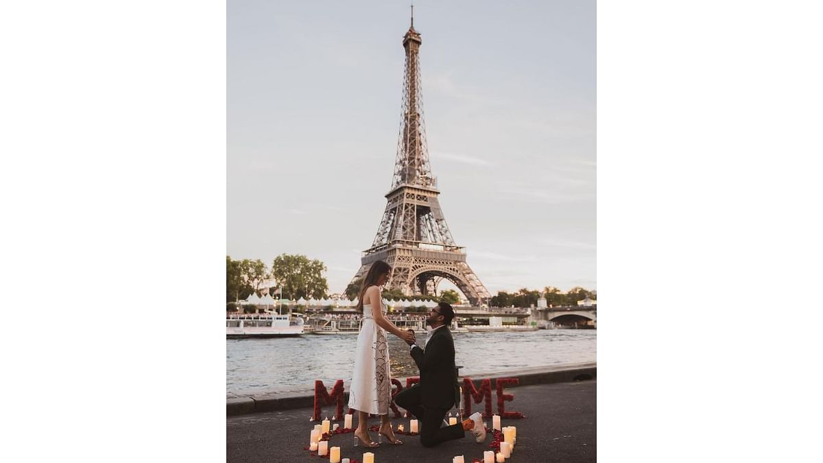 Actress Hansika Motwani recently got engaged to entrepreneur Sohael Kathuriya. Hansika also shared ictures of Sohael proposing to her in front of the Eiffel Tower in Paris. Credit: Instagram/@ihansika