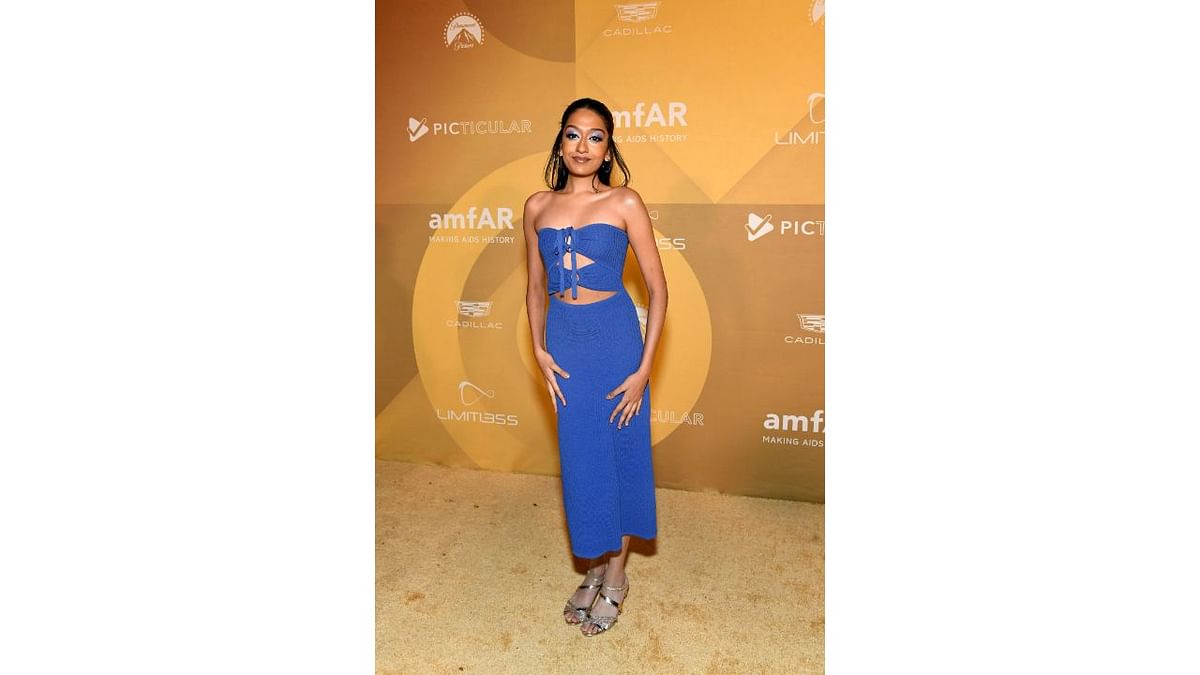 Musician Sri Ramesh dazzled in blue designer ensemble at the amfAR Gala 2022 Los Angeles at the Pacific Design Center in West Hollywood, California. Credit: AFP Photo