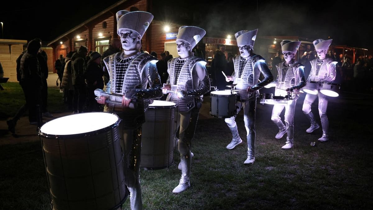 Street performers LED Spark Drummers perform at the South Shields and Westoe Rugby club in South Shields, Britain. Credit: Reuters photo