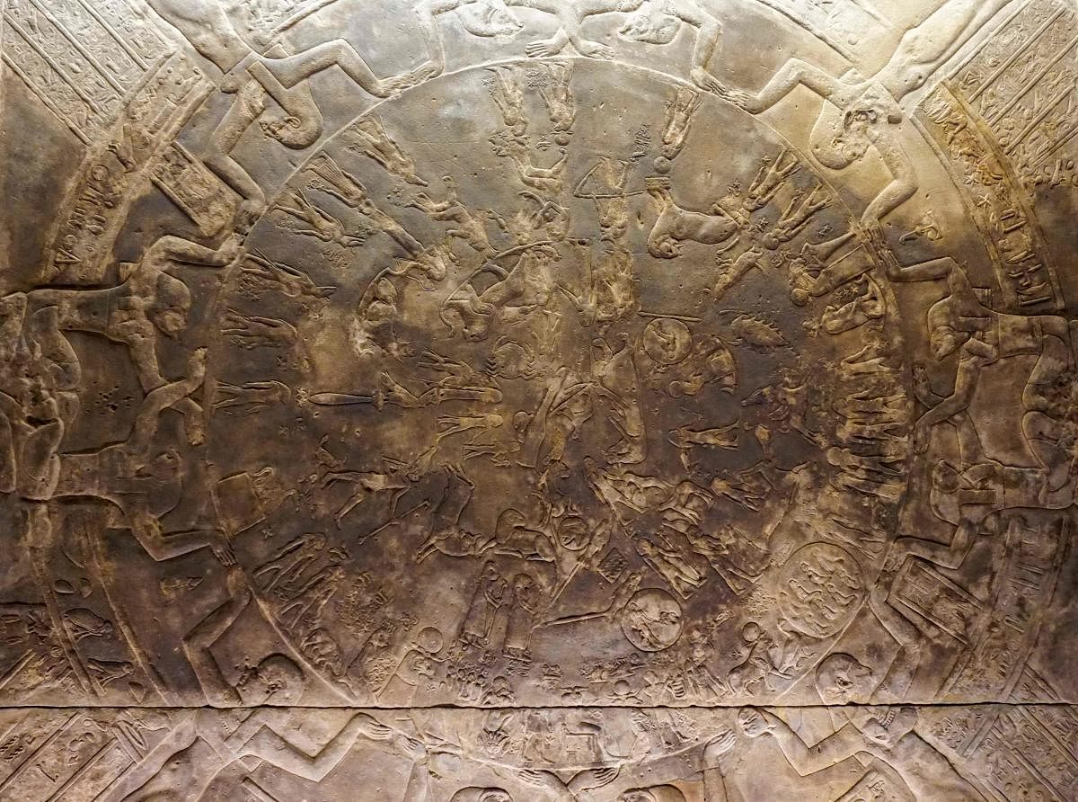This photo shows a view of the Zodiac of Dendera, a celestial map dating from around 50 BC and regarded as