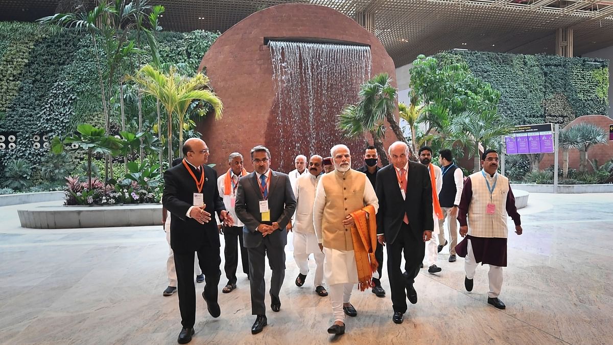 Seen in the picture is PM Modi with Union Minister Pralhad Joshi, Karnataka CM Basavaraj Bommai and others at the newly-inaugurated Terminal 2 of Kempegowda International Airport, in Bengaluru. Credit: PIB