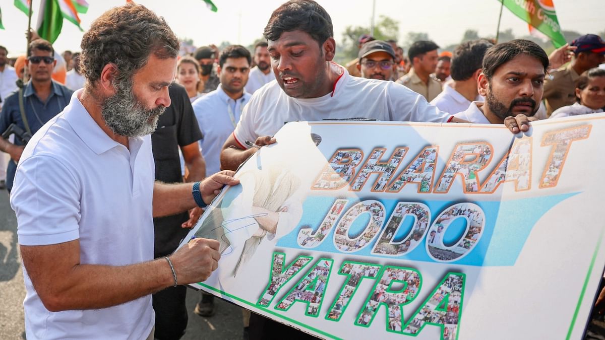 The Bharat Jodo Yatra, which started from Kanyakumari in Tamil Nadu on September 7, has so far covered 28 districts in six states. Credit: AICC