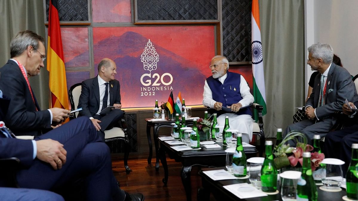 Prime Minister Narendra Modi and Germany's Chancellor Olaf Scholz attend a bilateral meeting during the G20 Leaders' Summit, in Nusa Dua, Bali. Credit: Reuters Photo