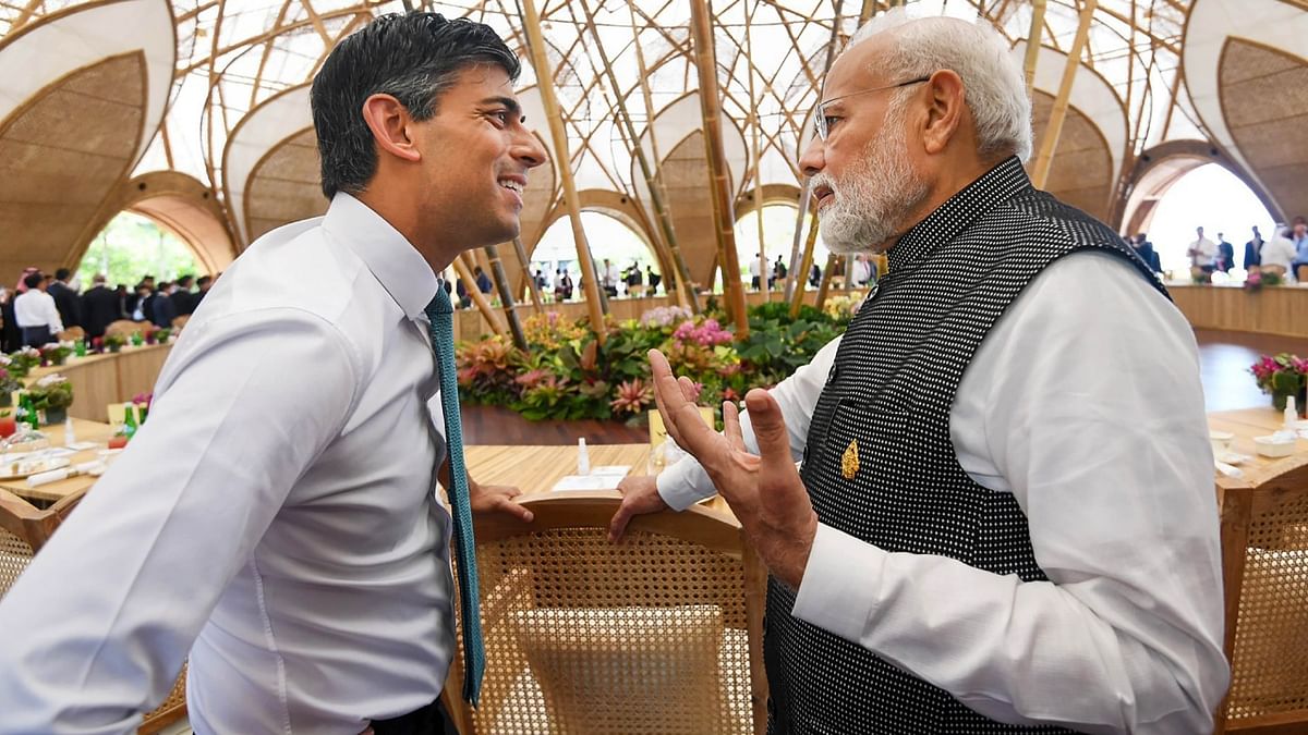 Prime Minister Narendra Modi with UK PM Rishi Sunak during a meeting on the sidelines of G20 Summit, in Bali, Indonesia. Credit: PTI Photo