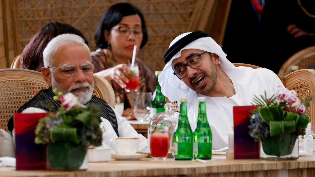 United Arab Emirates President Sheikh Mohamed bin Zayed Al-Nahyan talks with Prime Minister Narendra Modi as they attend a lunch meeting during the G20 summit in Nusa Dua on the Indonesian resort island of Bali. Credit: AFP Photo