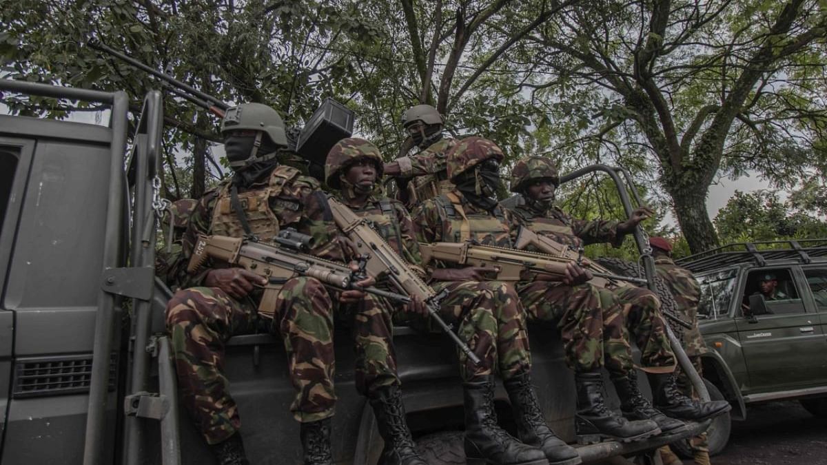 Kenyan soldiers sit on a vehicle in Goma, eastern Democratic Republic of Congo, on November 16, 2022. Credit: AFP Photo
