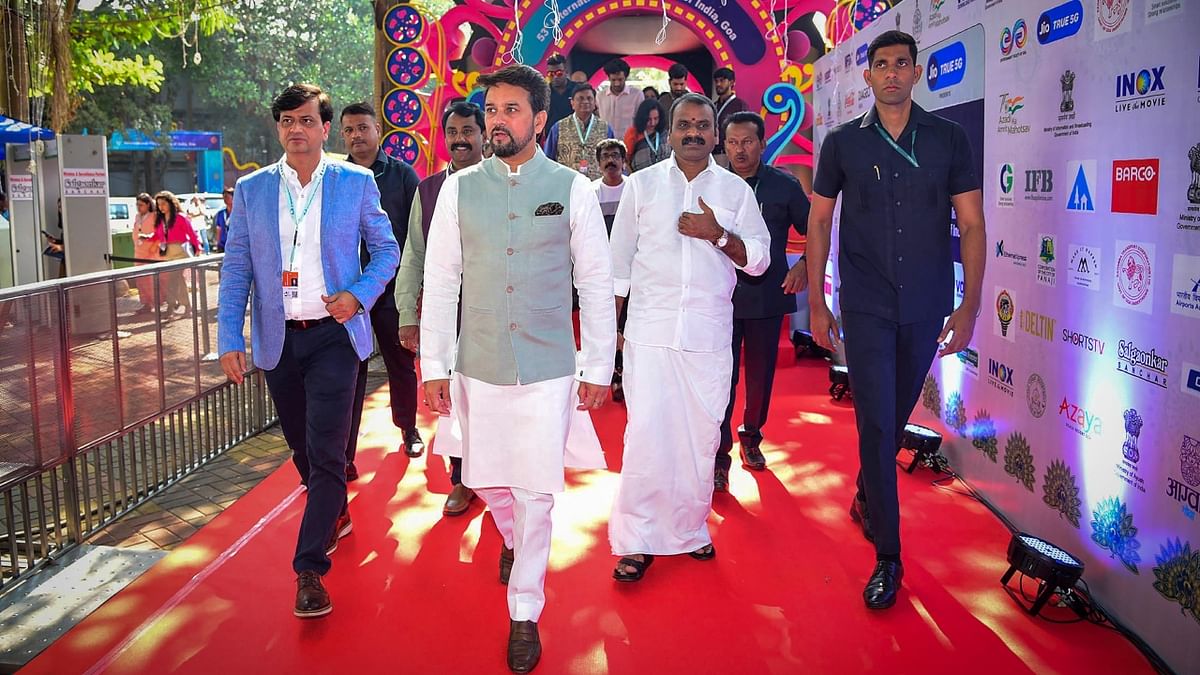 Union Minister for Information and Broadcasting, Youth Affairs and Sports Anurag Singh Thakur; Union Minister of State for Fisheries, Animal Husbandry and Dairying, Information and Broadcasting Dr L Murugan and Secretary, Information and Broadcasting Apurva Chandra arrive at the 53rd International Film Festival of India (IFFI), in Goa. Credit: PIB
