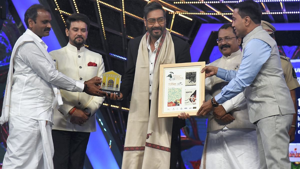 Bollywood actor Ajay Devgn gets felicitated at the 53rd International Film Festival of India (IFFI), in Goa. Credit: PIB