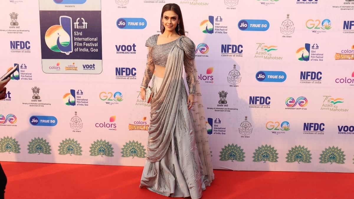 Actress Hrishitaa Bhatt walks the red carpet on Day 1 of the 53rd International Film Festival of India (IFFI), in Goa. Credit: Twitter/@IFFIGoa