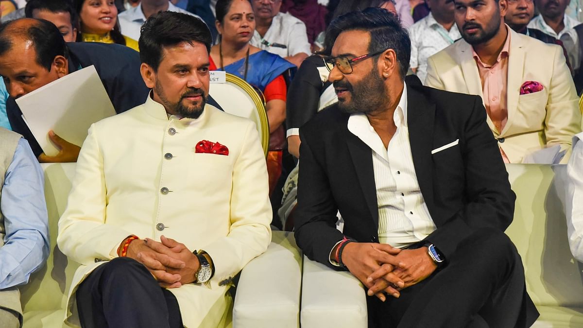 Anurag Singh Thakur is seen in conversation with Bollywood actor Ajay Devgn at the inaugural ceremony of the 53rd International Film Festival of India (IFFI), in Goa. Credit: PIB