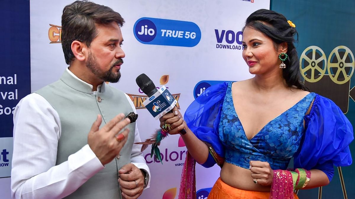 Union Minister for Information and Broadcasting, Youth Affairs and Sports Anurag Singh Thakur addressing the media at the red carpet of the 53rd International Film Festival of India (IFFI), in Goa. Credit: PIB