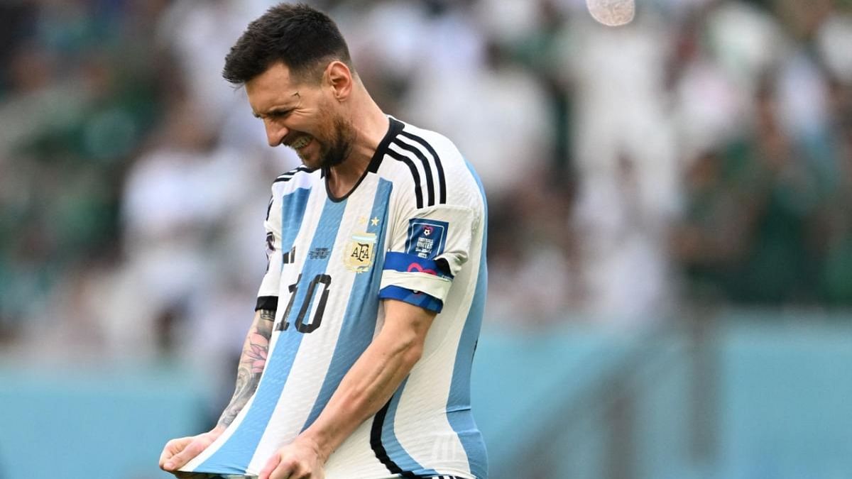 Argentina's forward #10 Lionel Messi reacts during the Qatar 2022 World Cup Group C football match between Argentina and Saudi Arabia at the Lusail Stadium in Lusail, north of Doha. Credit: AFP Photo