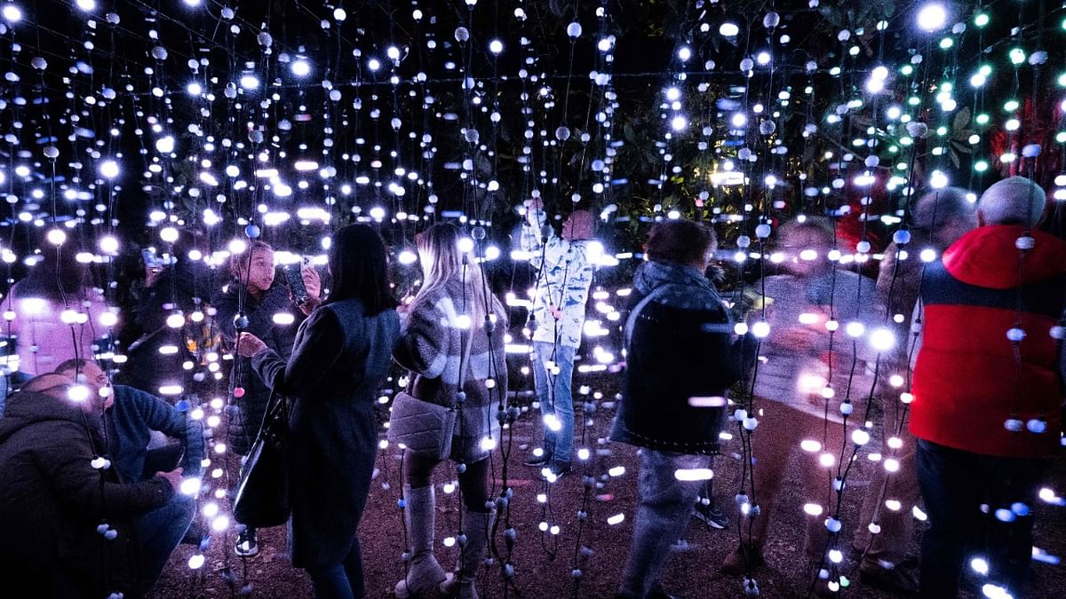 People visit artistic light installations along an illuminated trail during the Incanto di Luci (enchantment of lights) exhibition at the Botanical Garden in Rome. Credit: AFP Photo