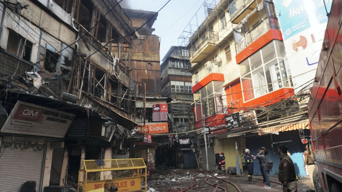 The fire officials said that weak structures, shortage of water and narrow lanes posed a major challenge for Delhi Fire Service to carry out its fire-fighting operations. Credit: PTI Photo