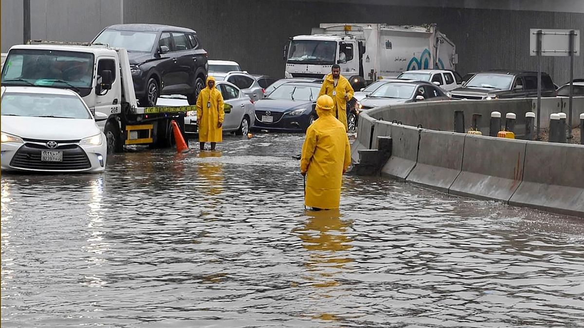 Visuals from Jeddah showed waterlogged roads, snarling traffic and partially submerged vehicles. Credit: Reuters Photo
