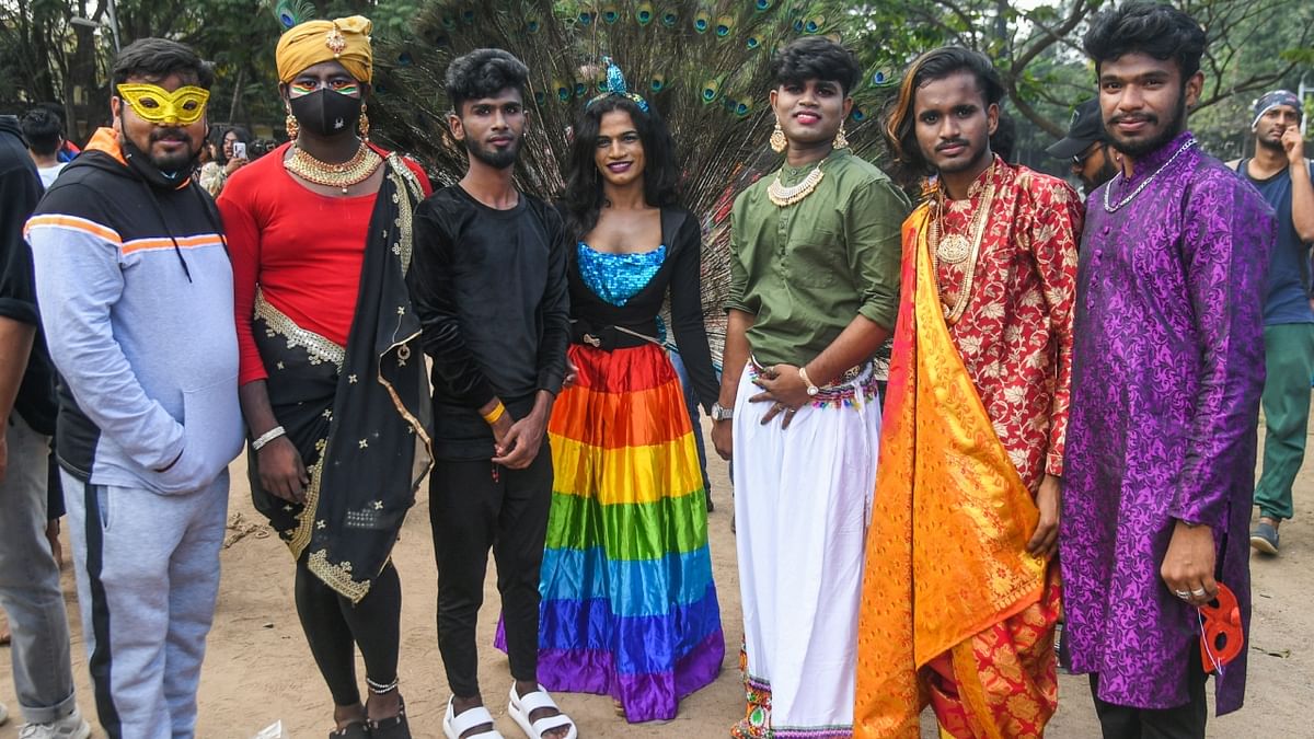 Gender rights activists along with members of the Coalition for Sex workers, Sexual & Sexuality Minorities’ Rights take part in the annual 'Namma Pride March', in Bengaluru. Credit: PTI Photo