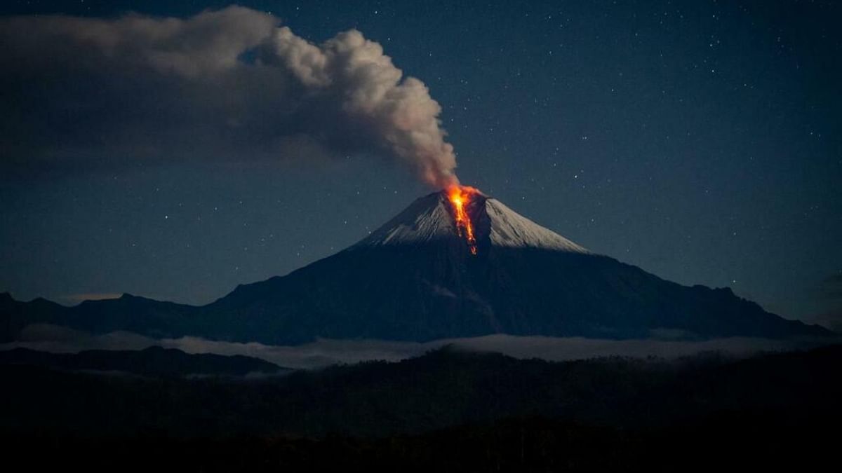 Volcano Sangay is located in the eastern cordillera of Ecuador. Its last eruption began in March 2019 and has continued into 2021. Credit: Rollandburn/Reddit